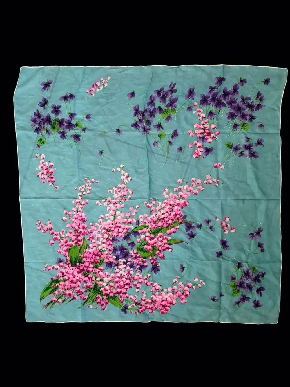 Glentex Silk Scarf Square blue with Purple Pink Floral Japan 30x30 vintage